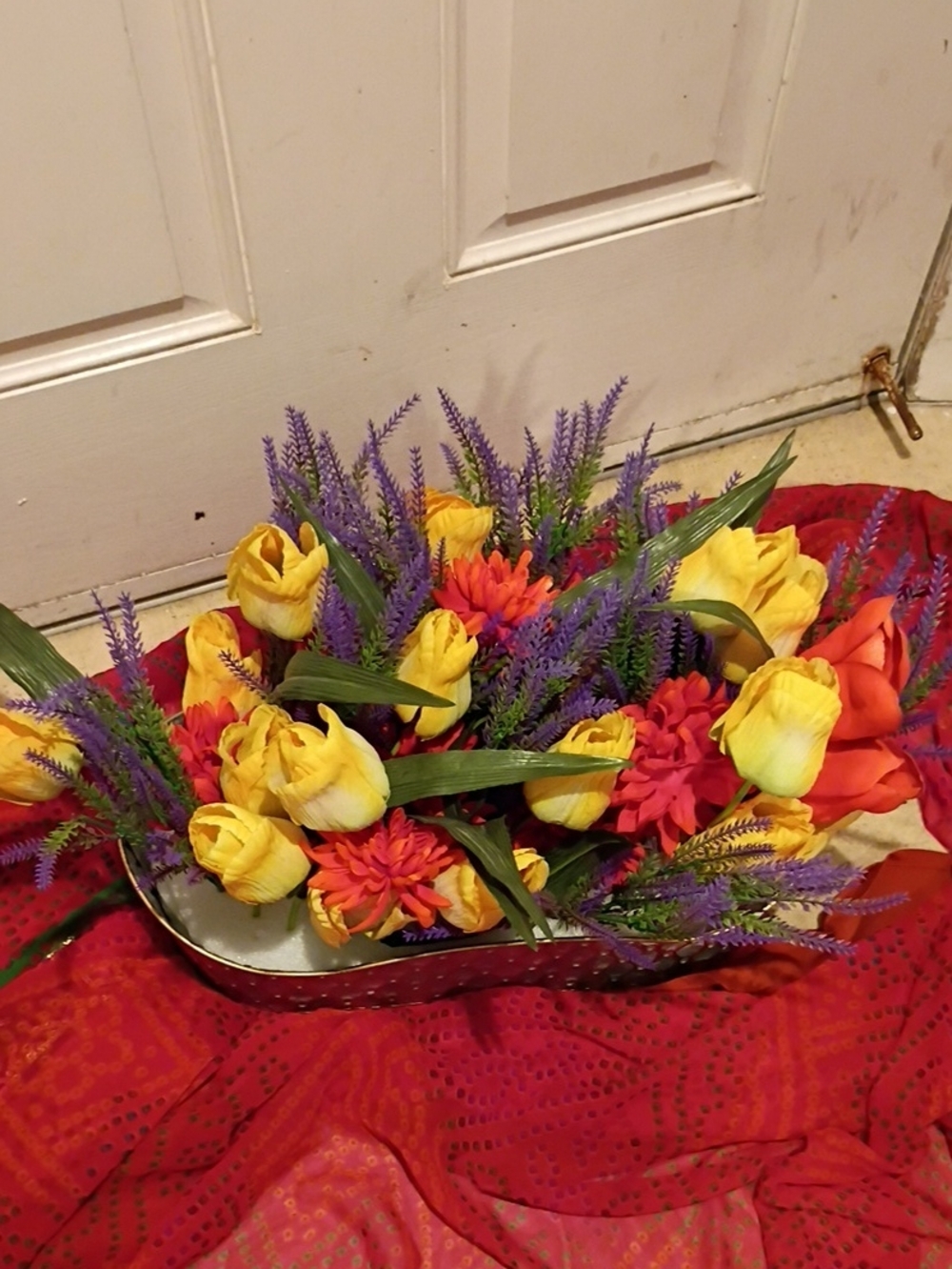 Colorful Tulip and Lavender Faux Floral Centerpiece - Yellow, Purple, Orange